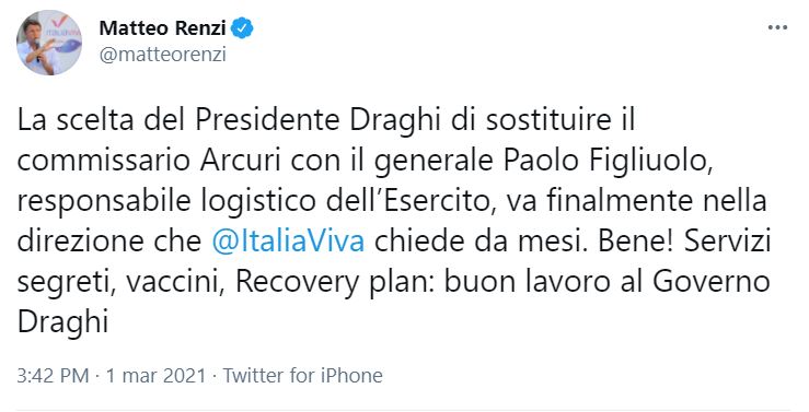 Matteo Renzi, il messaggio su Twitter