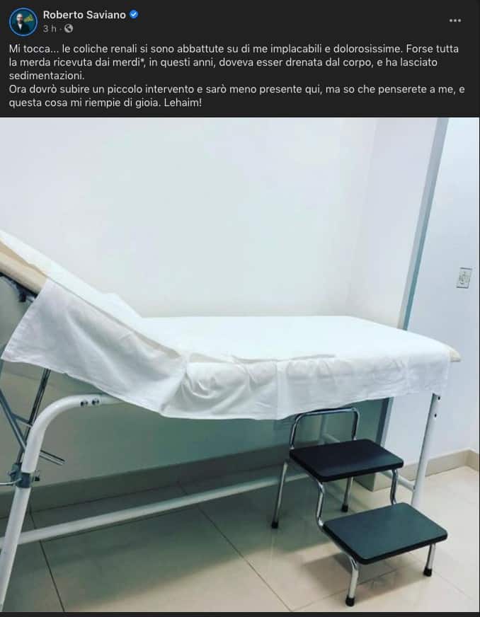 Roberto Saviano, post facebook dall'ospedale