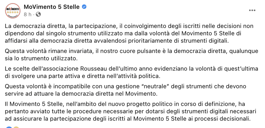 Il post del Movimento 5 Stelle