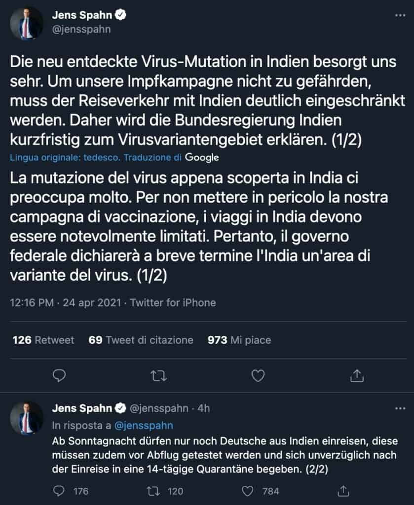 Il tweet con cui il ministro della Sanità tedesco Jens Spahn ha annunciato il blocco dei voli con l'India