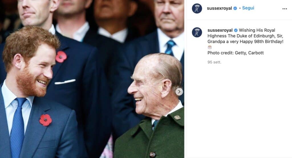 Il post Instagram pubblicato sull'account di Harry e Meghan per il compleanno di Filippo nel 2019