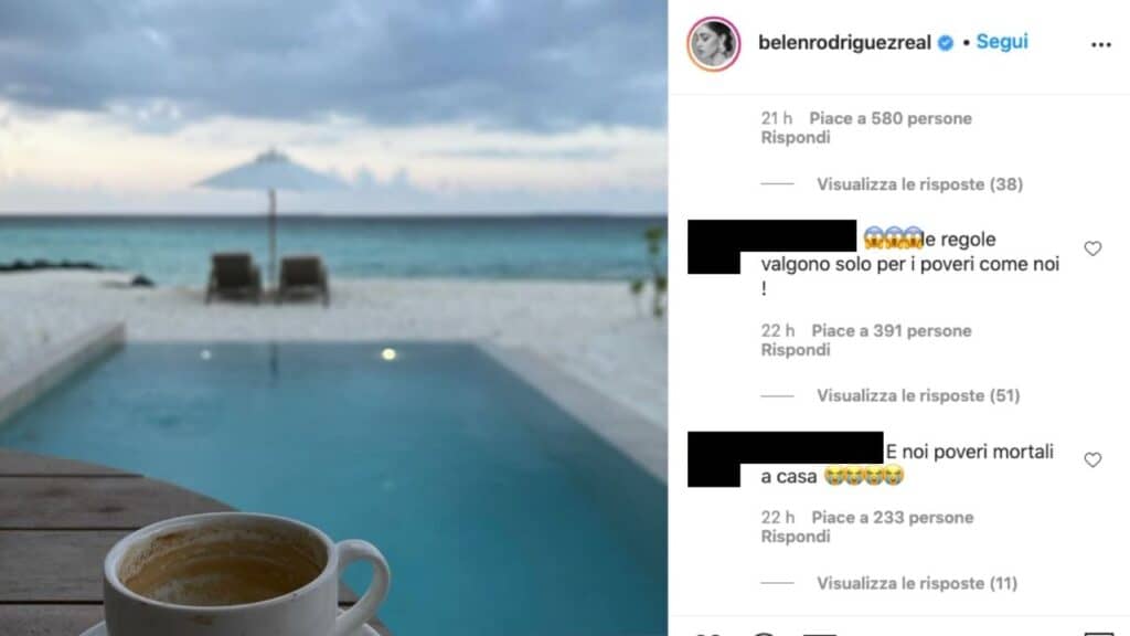 Belén Rodriguez e Antonino Spinalbese in vacanza alle Maldive, è polemica su Instagram: fiumi di critiche dopo le foto