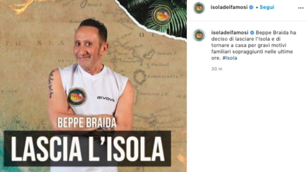 Beppe Braida lascia l'Isola dei Famosi: "Gravi motivi familiari", il comunicato della produzione e il rientro in Italia