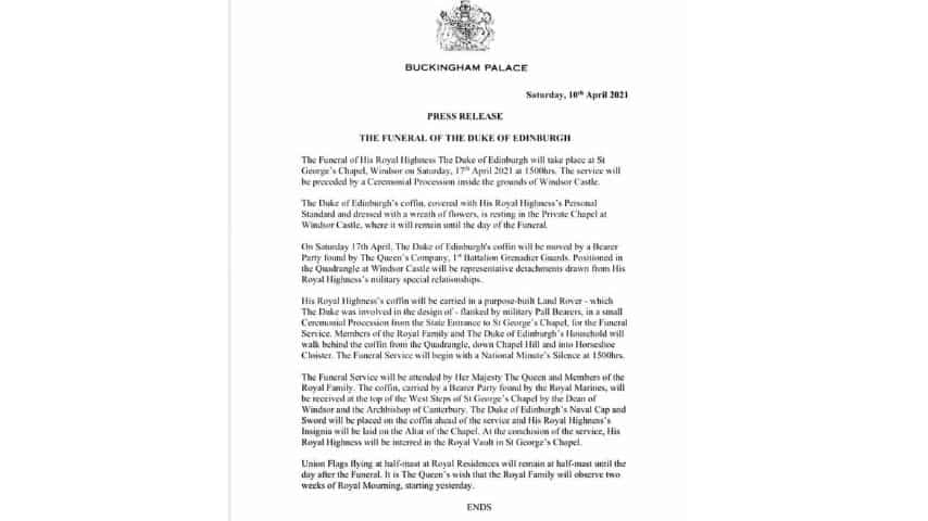 Il comunicato stampa di buckingham palace sul funerale del Principe Filippo