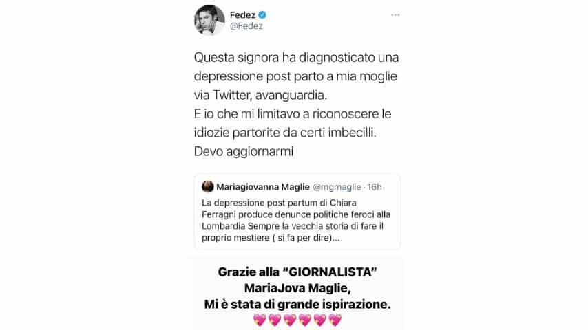 Fedez pubblica il tweet della giornalista