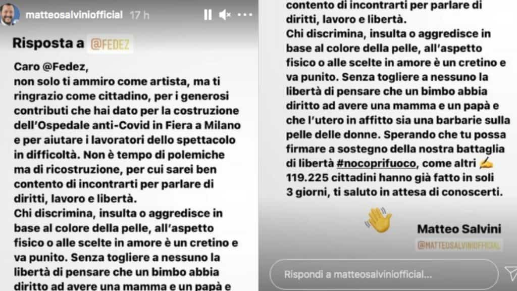 Matteo Salvini scrive a Tommaso Zorzi e a Fedez: "Pronto a offrirti un caffè quando vuoi"