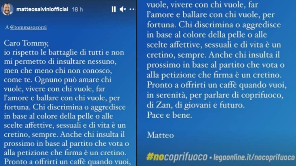 Matteo Salvini scrive a Tommaso Zorzi e a Fedez: "Pronto a offrirti un caffè quando vuoi"