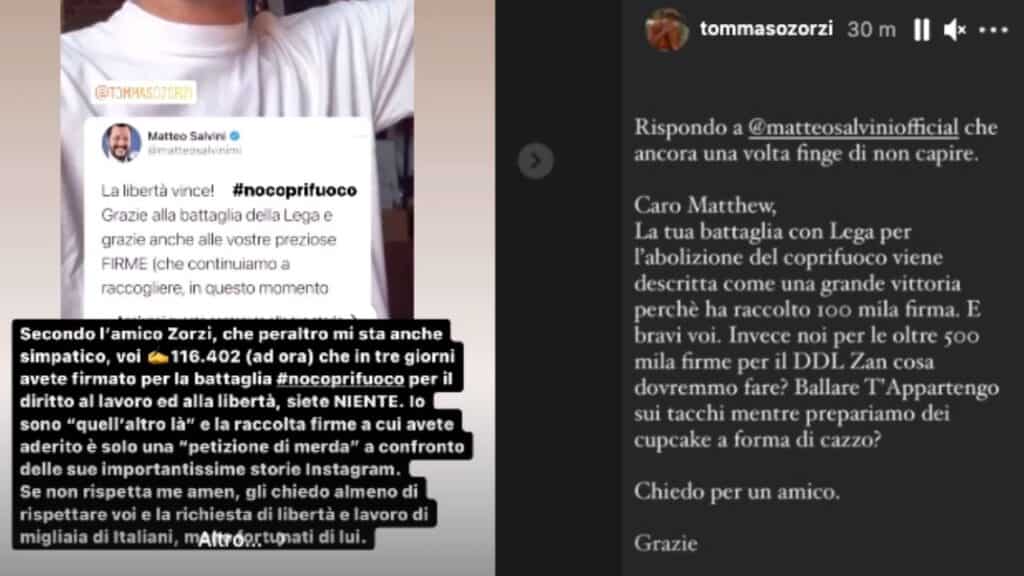 Tommaso Zorzi e Matteo Salvini, scontro su Instagram. Botta e risposta: "Salvini finge di non capire"