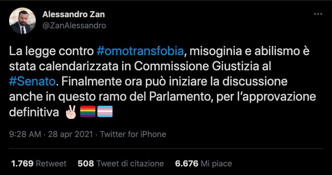 Alessandro Zan su Twitter