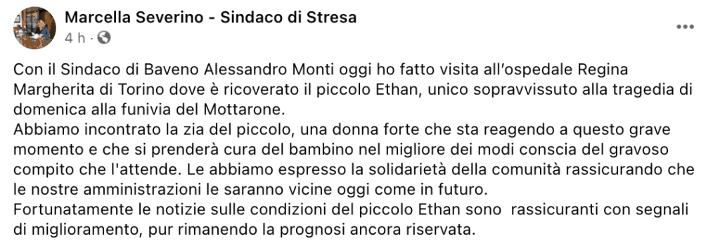 Il post Facebook della sindaca di Stresa