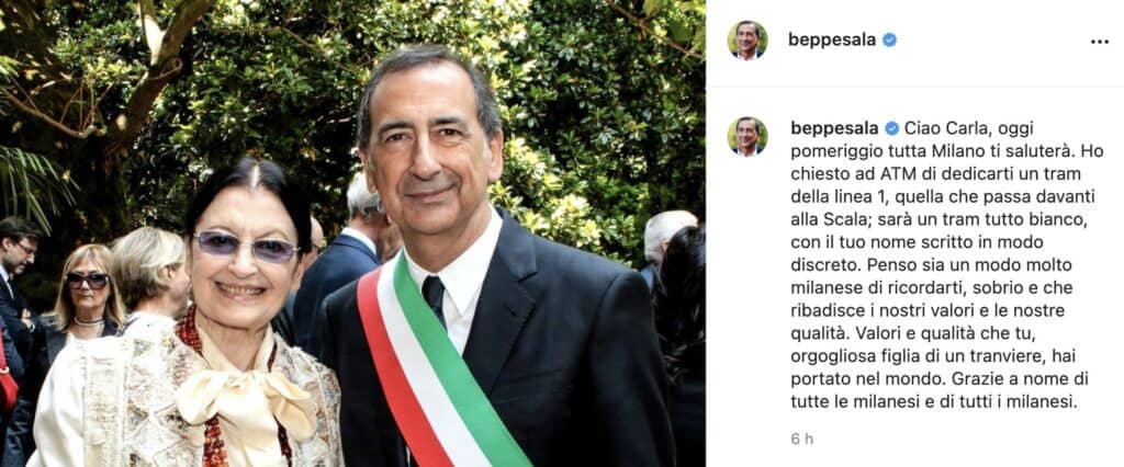 Il post di Beppe Sala per Carla Fracci