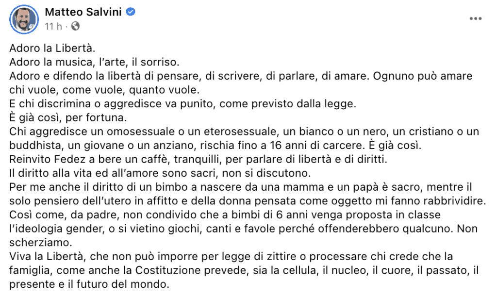 Il post su Facebook di Matteo Salvini