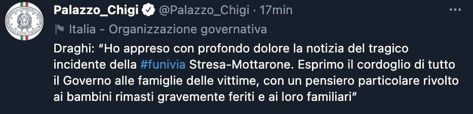 Il tweet di Palazzo Chigi