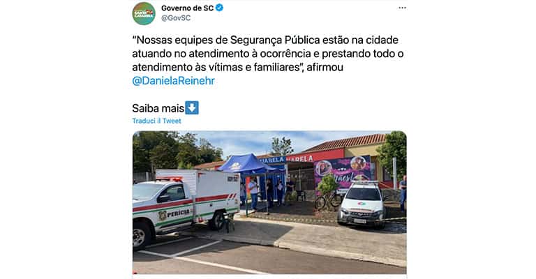 Tweet del Governo di Santa Catarina sull'assalto all'asilo