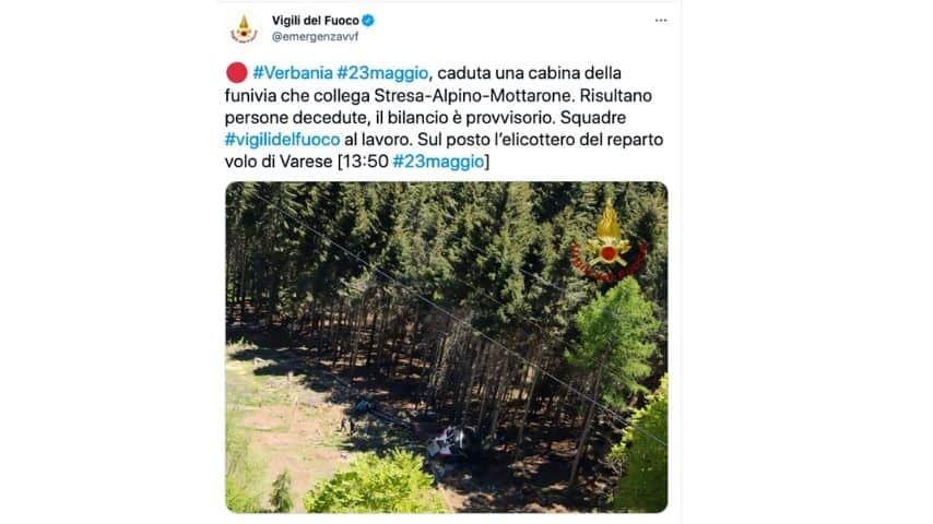 La prima foto della funivia caduta a Stresa-Mottarone