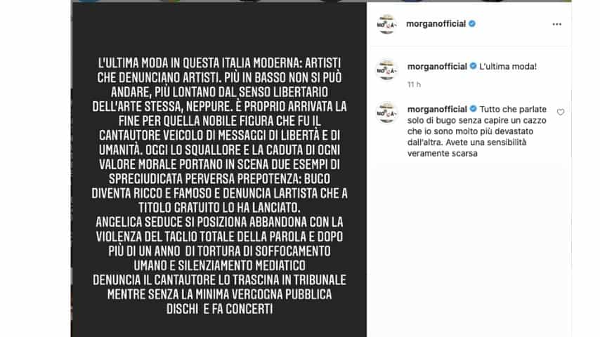 Il post di Morgan su Instagram contro Bugo e la causa di risarcimento 