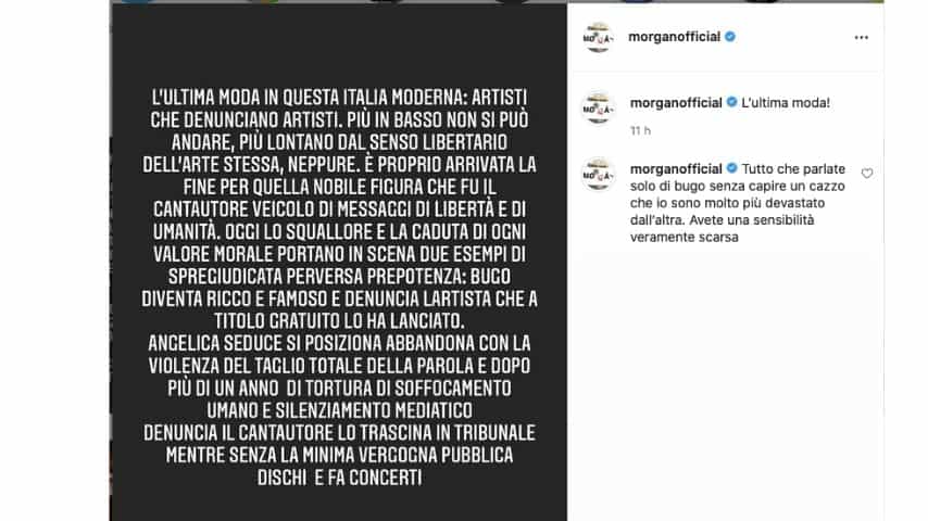 Il post di Morgan su Instagram contro Bugo e la causa di risarcimento