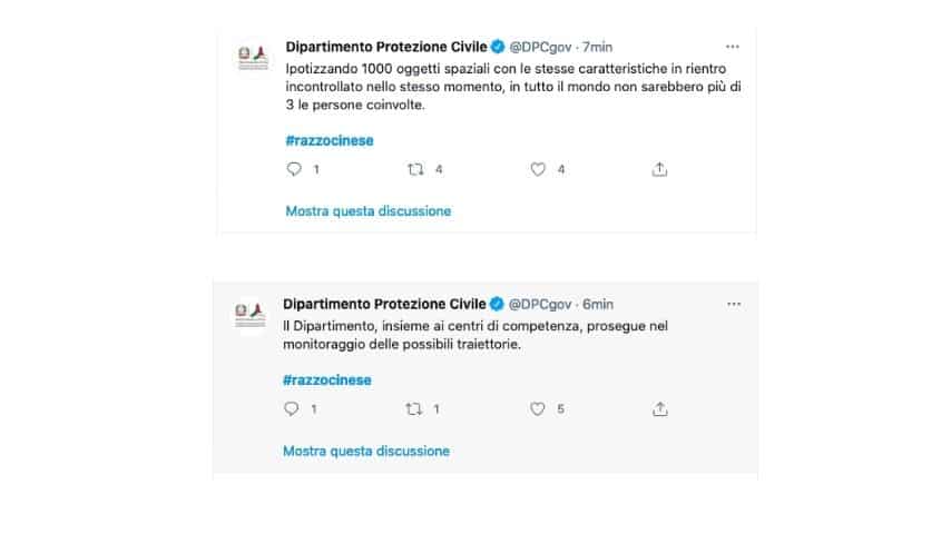 gli avvisi sulla protezione civile per il razzo cinese