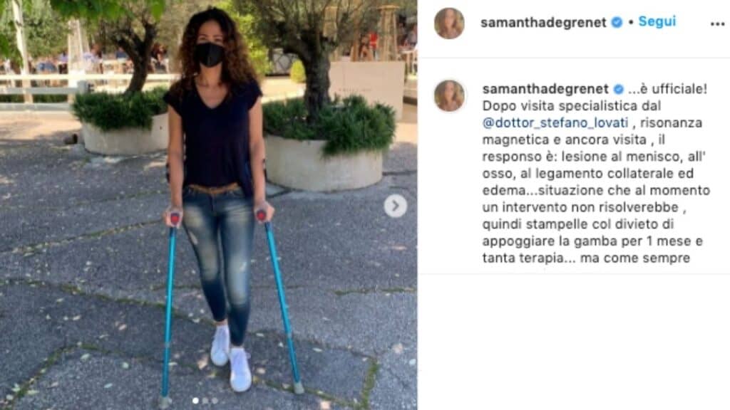 Samantha De Grenet in stampelle su Instagram: brutto infortunio per l'ex gieffina