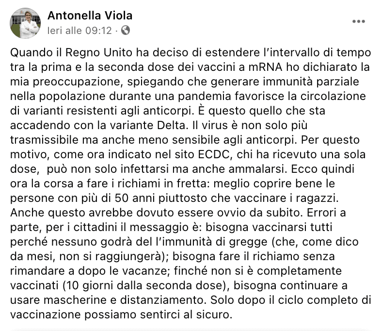 Il post Facebook di Antonella Viola