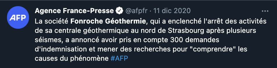 Tweet di AFP sullo stop all'attività della centrale geotermica