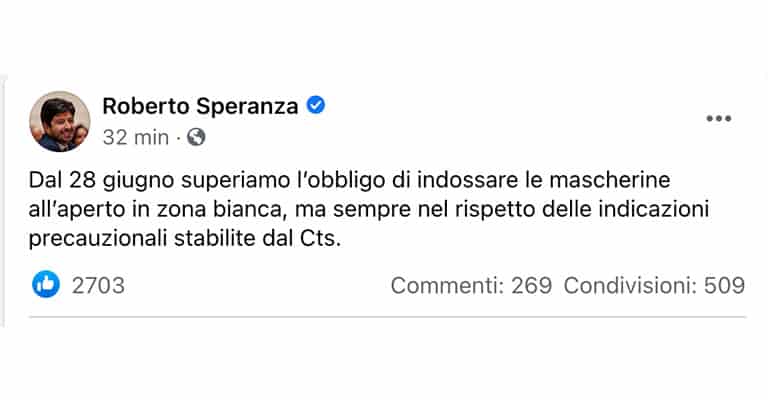 Post di Roberto Speranza su Facebook