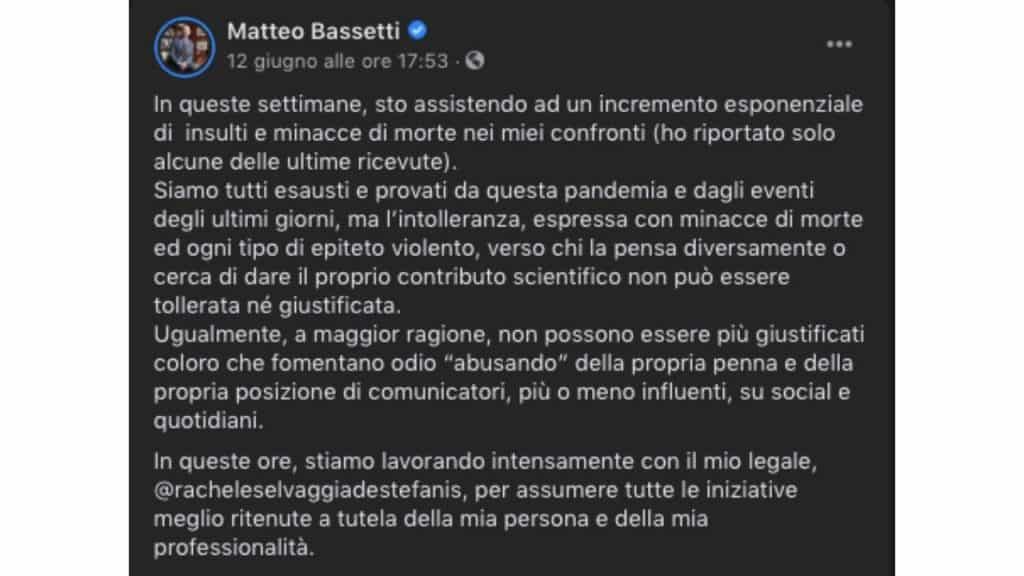 matteo bassetti minacce facebook