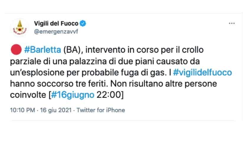 Il tweet dei vigili del fuoco sul crollo della palazzina a Barletta