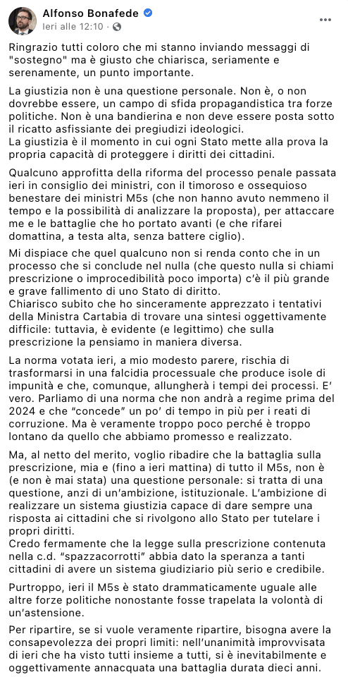 Il post di Alfondo Bonafede su Facebook