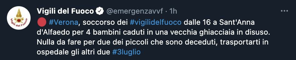 Il tweet dei Vigili del Fuoco