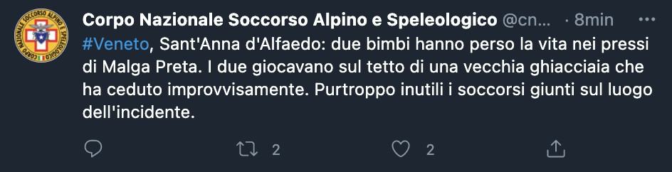 Il tweet del Corpo Nazionale Soccorso Alpino e Speleologico