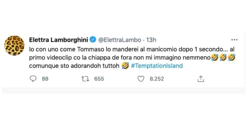 Elettra Lamborghini commenta Tommaso in un tweet