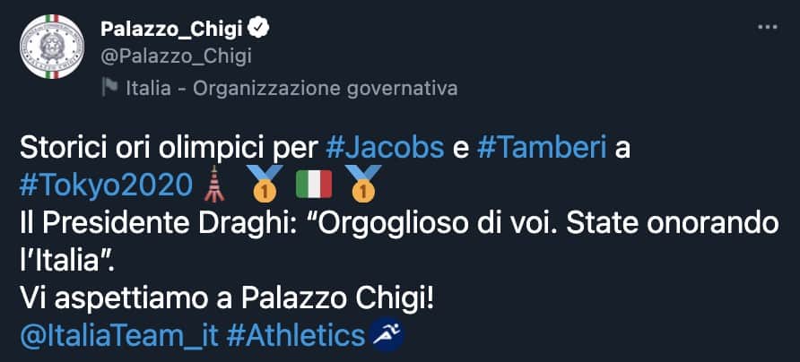 Il tweet di Palazzo Chigi