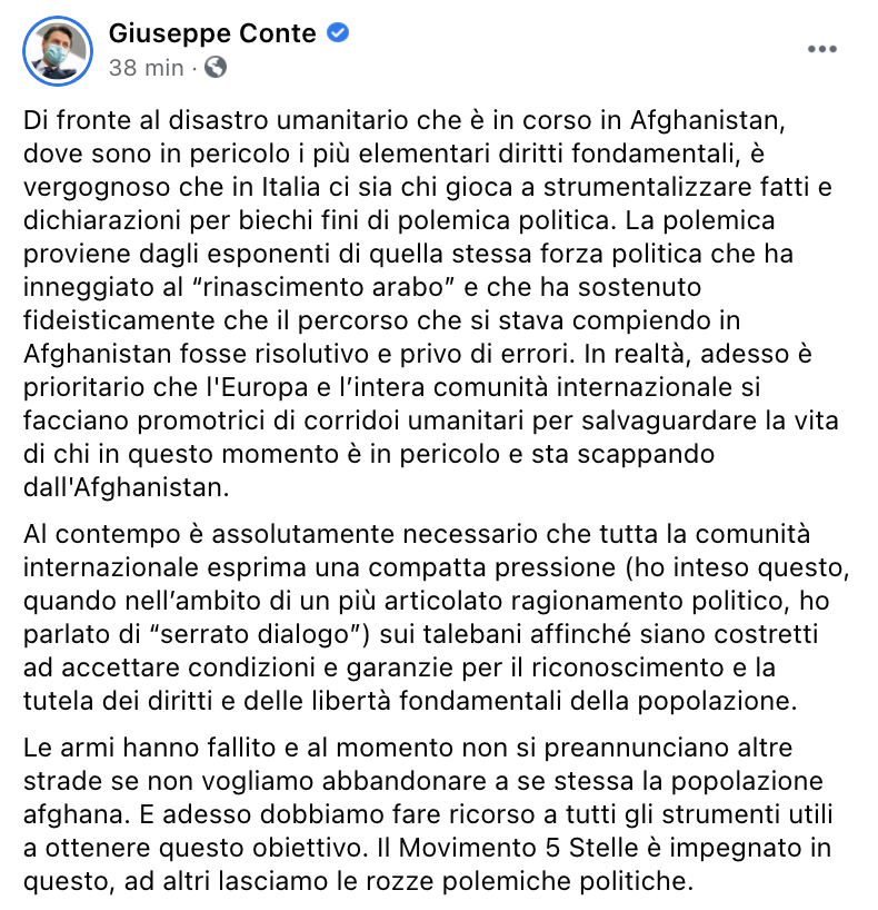 Replica di Conte su Facebook