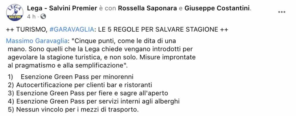 Post Facebook della Lega