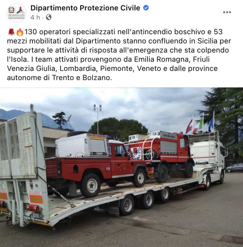 Post Facebook della Protezione Civile