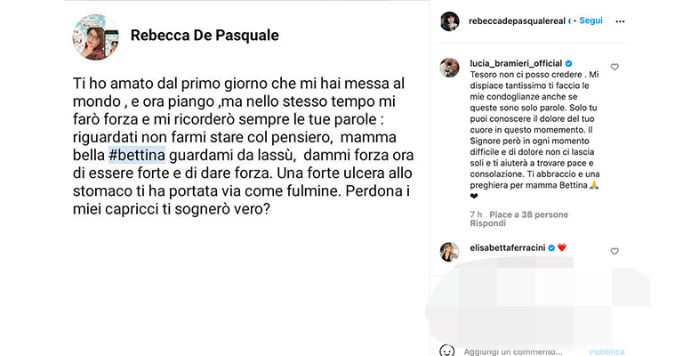 Post di Rebecca De Pasquale per la morte della madre - Instagram