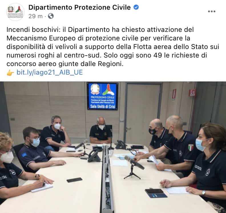 Protezione Civile post su Facebook meccanismo europeo