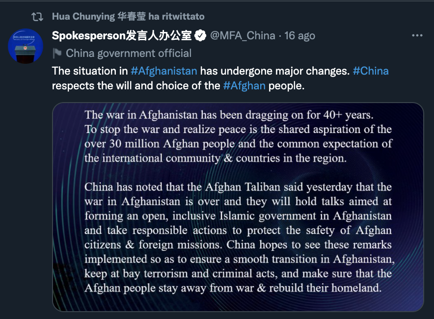 Retweet di Hua Chunying sull'Afghanistan