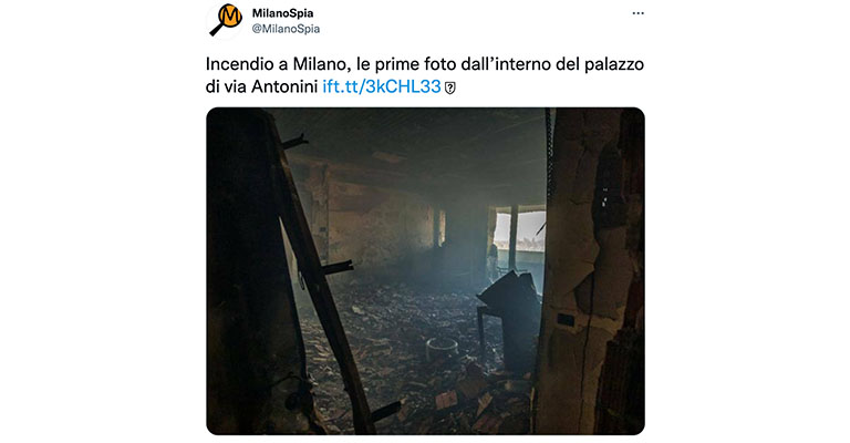 Un tweet mostra la foto dell'interno del palazzo bruciato a Milano