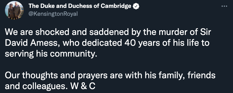 Il tweet di William e Kate per la morte di Sir David Amess