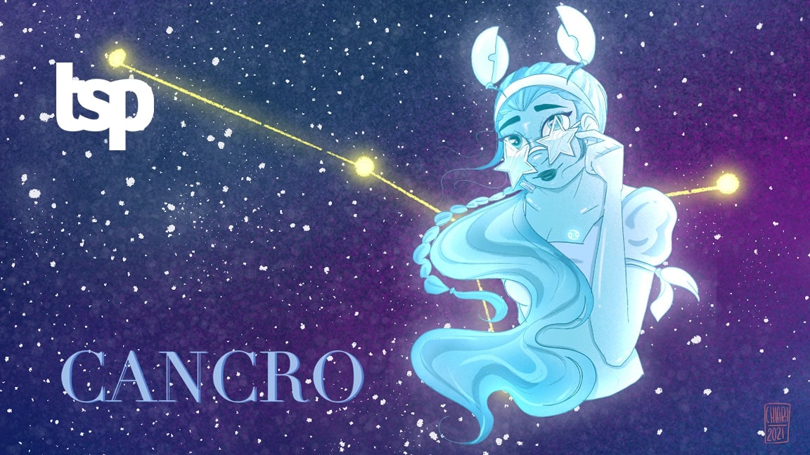 Cancro: oroscopo su amore, lavoro e fortuna di The Social Post. Illustrazione originale di Chiara Rocchi
