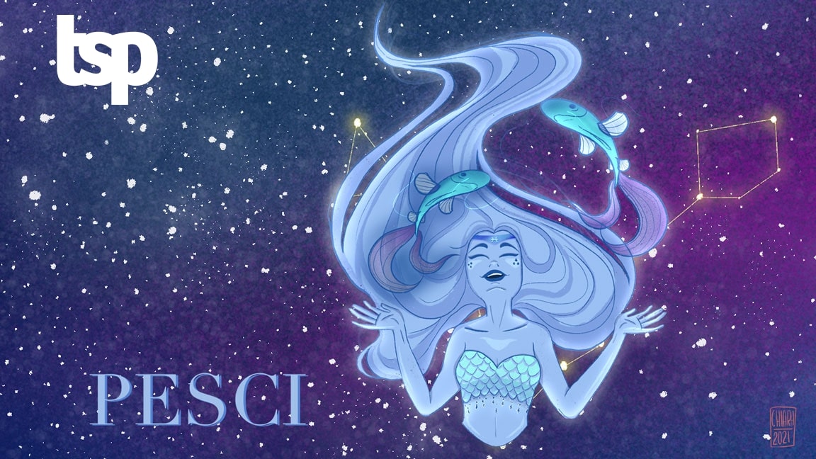 Pesci: oroscopo su amore, lavoro e fortuna di The Social Post. Illustrazione originale di Chiara Rocchi