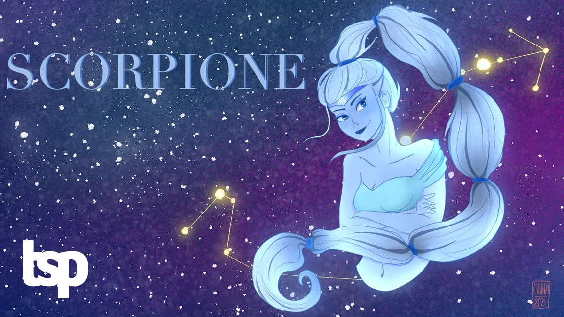Scorpione: oroscopo su amore, lavoro e fortuna di The Social Post. Illustrazione originale di Chiara Rocchi