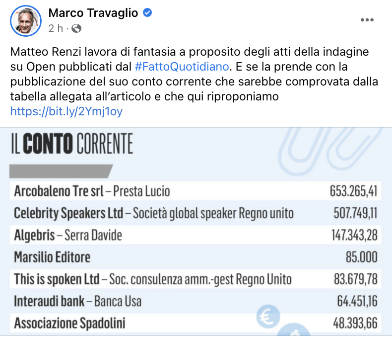 Il post Facebook di Marco Travaglio