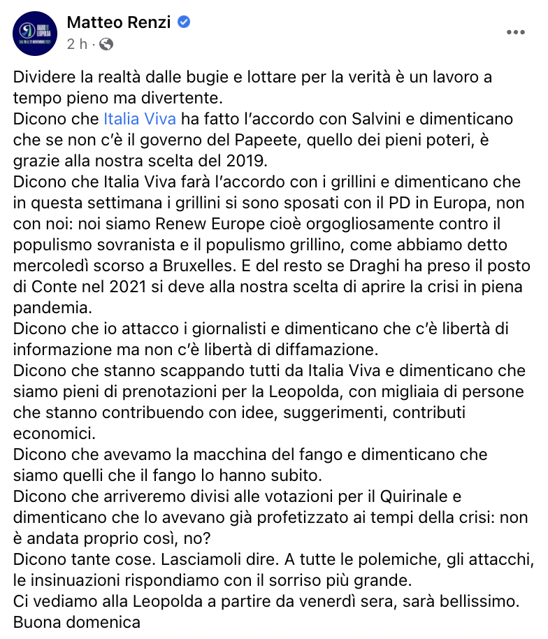 Post Facebook di Matteo Renzi