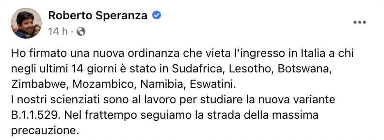 Post Facebook ministro Speranza