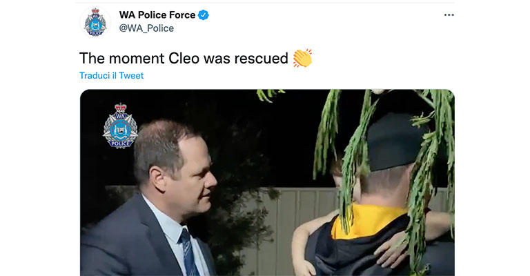 Tweet della Polizia australiana sul salvataggio di Cleo Smith