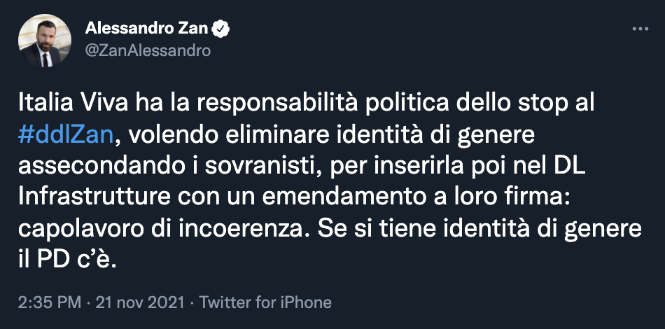 Tweet di Alessandro Zan