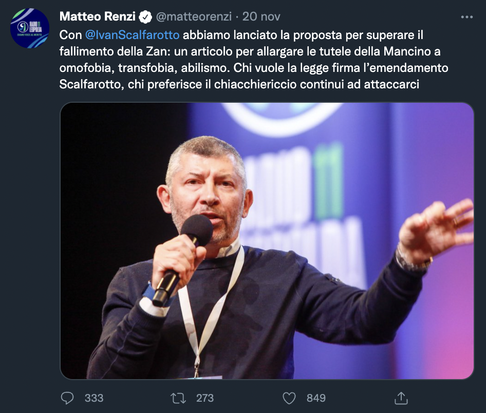 Tweet di Matteo Renzi su Scalfarotto